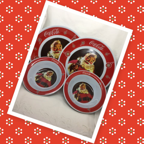 Cereal or Soup Bowls and Plates Santa Holding a Coca Cola Gibson SET OF 2 Bowls 2 Plates Kitchen Decor Great Gift Idea Kitchen and Dining