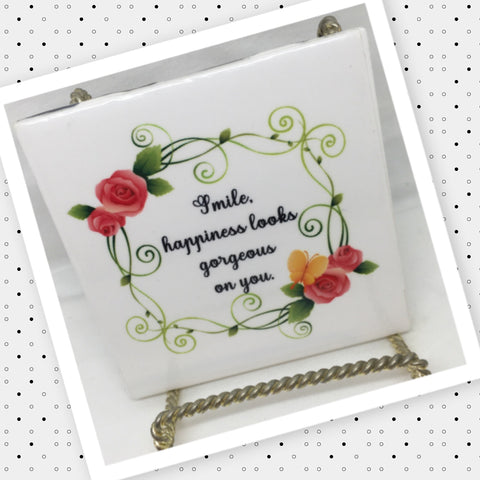 HAPPINESS LOOKS GORGEOUS ON YOU Wall Art Ceramic Tile Sign Gift Home Decor Positive Quote Affirmation Handmade Sign Country Farmhouse Gift Campers RV Gift Home and Living Wall Hanging - JAMsCraftCloset