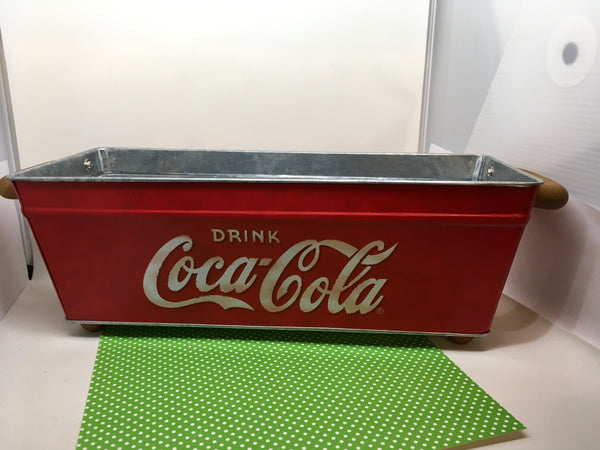 Coca Cola Tin Advertising Planter Storage Container Wood Handles and Wood Feet Vintage - JAMsCraftCloset