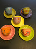 Expresso Tea Cup Saucer Multi-Colored Geometric Floral Designs Vintage Retro Unique
