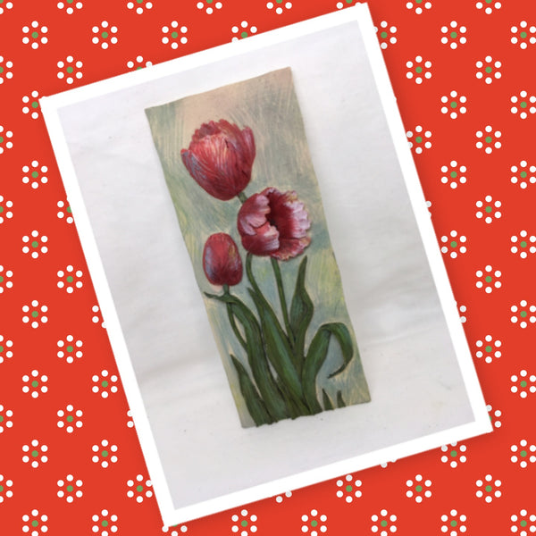 Plaque 3 Dimensional Wall Hanging Red Tulips Faux Stone Vintage Gift Idea Home Decor JAMsCraftCloset