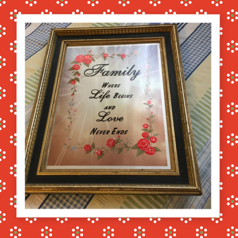 FAMILY WHERE LIFE BEGINS AND LOVE NEVER ENDS Sublimation on Metal Gold and Black Vintage Frame Wall Art Handmade Upcycled Gift - JAMsCraftCloset