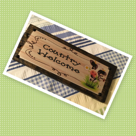 COUNTRY WELCOME COW Vintage Mounted On Natural Stained Pallet Wood Sublimation on Metal Positive Saying Wall Art Home Decor Gift Idea One of a Kind-Unique-Home-Country-Decor-Cottage Chic-Gift - JAMsCraftCloset