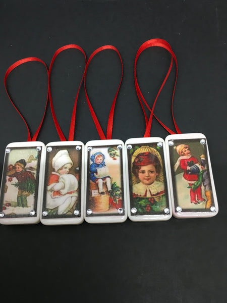 Ornaments Holiday Children Domino Handmade Vintage Christmas Set of 5 Unique One of A Kind Vintage Christmas Holiday Special Tree Holiday Decor Gift Idea JAMsCraftCloset