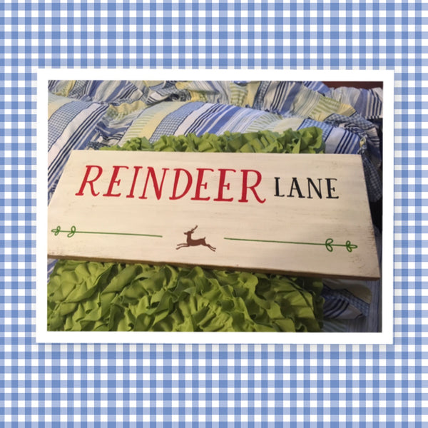 REINDEER LANE Wooden White Sign Holiday Christmas Wall Art Gift Farmhouse Country Decor