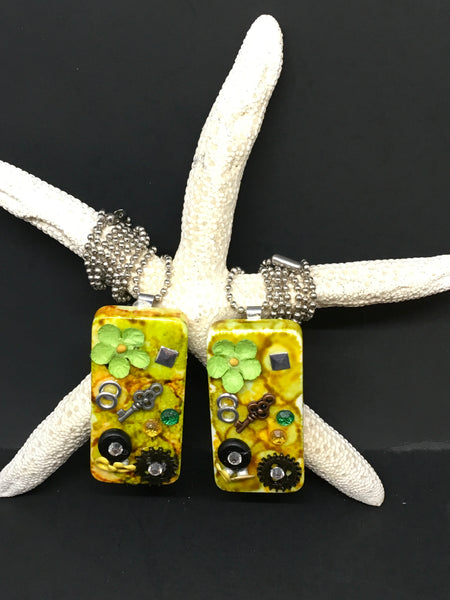 Pendant Necklace Upcycled Repurposed Domino Handmade Steampunk Mixed Media Gift for Her Green and Yellow Alcohol Ink Background JAMsCraftCloset