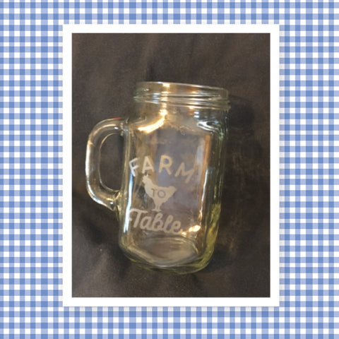 Mugs Mason Jar Hand Etched FARM TO TABLE With Heart on Handle One of a Kind Unique Drinkware Barware Kitchen Decor Country Cottage Chic - JAMsCraftCloset 