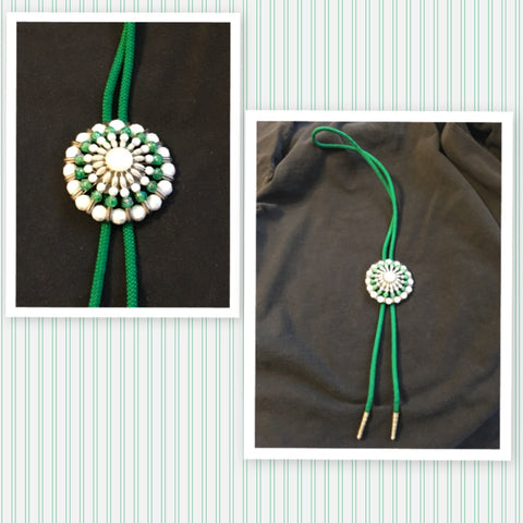 Bolo Tie Green Beaded Safety Pin Green Braided Vintage Western Square Dancer Caller Gift Idea