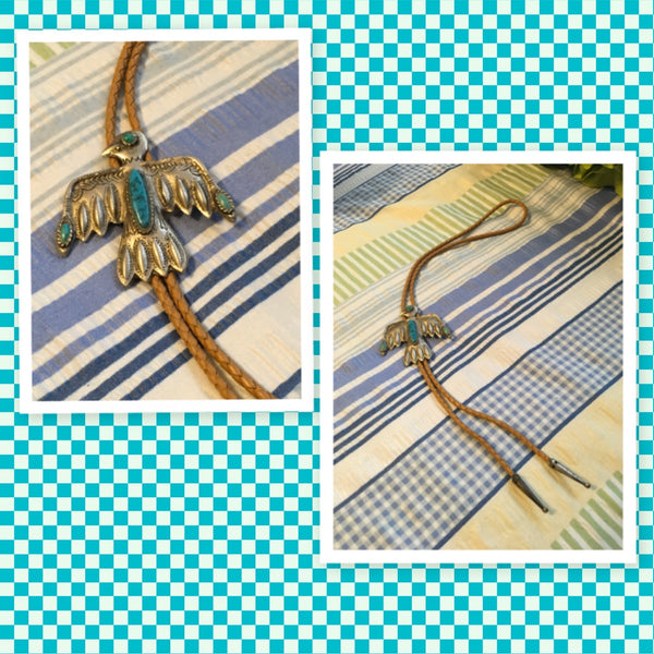 Bolo Tie Thunderbird Braided Leather Turquoise Inlaid Vintage Western Square Dancer Caller Gift Idea
