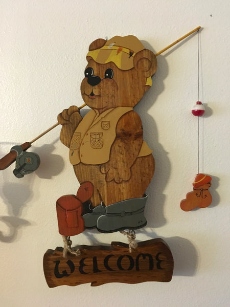 Welcome Sign Wooden Fishing Bear Handmade Hand Painted by my DAD One of a Kind JAMsCraftCloset