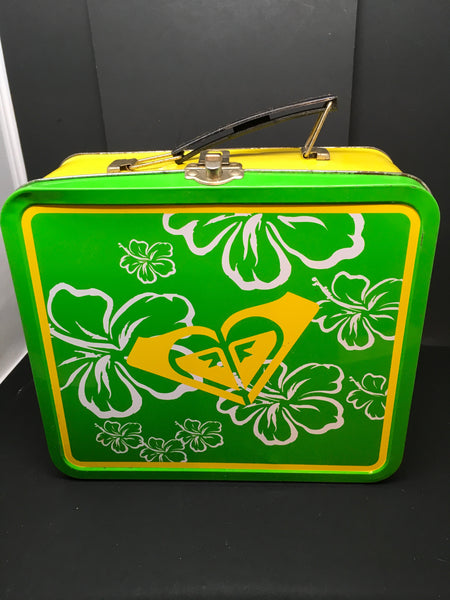 Lunchbox Vintage Metal Yellow and Green with Hawaiian Floral Accents NO THERMOS