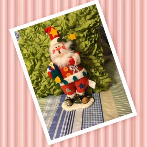 Vintage Santa Plush Fabric Shelf Sitter 11 Inches Tall With Holly on Hat and Button Patches Holiday Christmas Decor Gift Idea JAMsCraftCloset