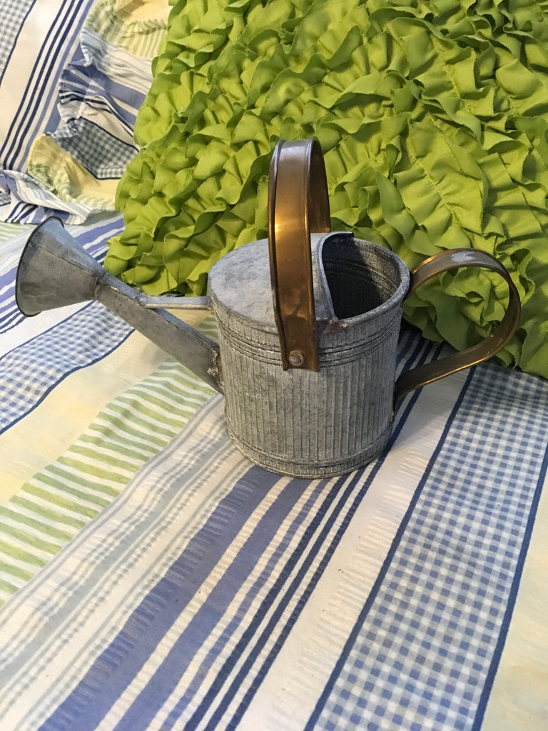 Watering Can Tin Flower Container Galvanized Crinkled Tin Brass Trim G