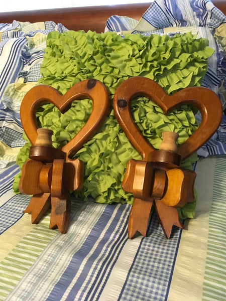 Candlestick Holder Vintage Heart Wooden Bow Ready to Hang or DIY Country Farmhouse Cottage Decor - JAMsCraftCloset