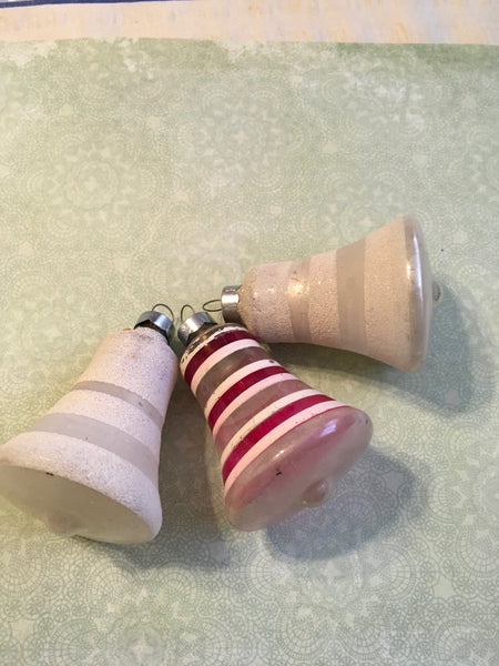 Ornament Bells Unsilvered Vintage Christmas WWII Era Pink White Made in the USA SET OF 3 JAMsCraftCloset