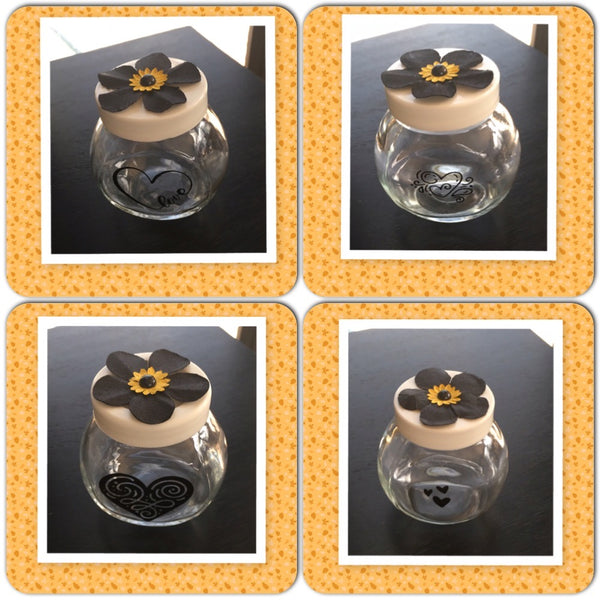 Bottles Jars Clear Glass With Hand Painted Hearts Black Yellow Flowers SET OF 4 Home Decor Gift Idea JAMsCraftCloset