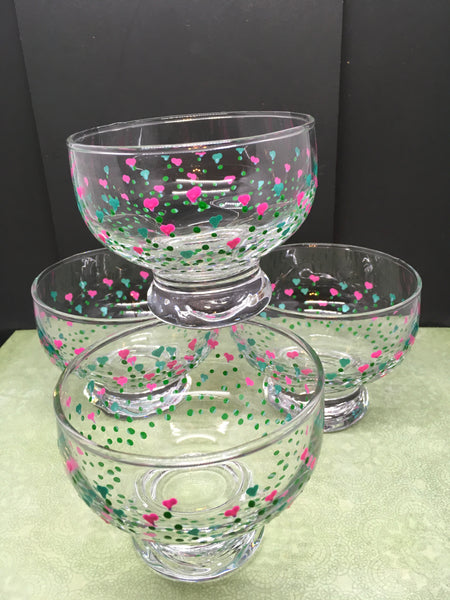 Dessert Dishes Bowls Hand Painted SMALL Heart Flowers Pink and Aqua Heart Flowers SET of 4 - JAMsCraftCloset