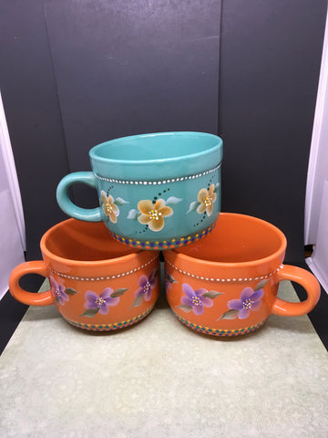 Coffee or Soup Mug Hand Painted Floral Lime Green With Aqua Painted Flowers Aqua, Purple, Yellow, and White Polka Dots Kitchen Decor Gift - JAMsCraftCloset