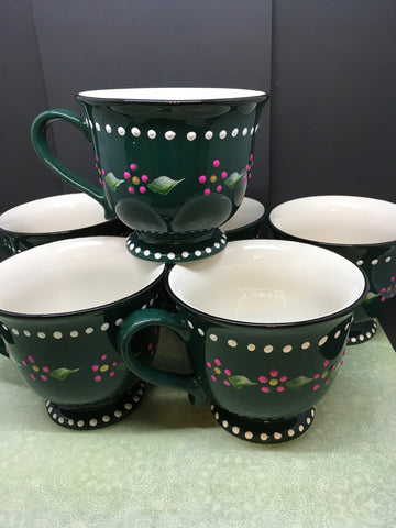 Mugs or Cups Hand Painted Unique One of A Kind Dark Green Off White Interior Stoneware Gift Pink Dot Flowers and White Dot Trim Drinkware