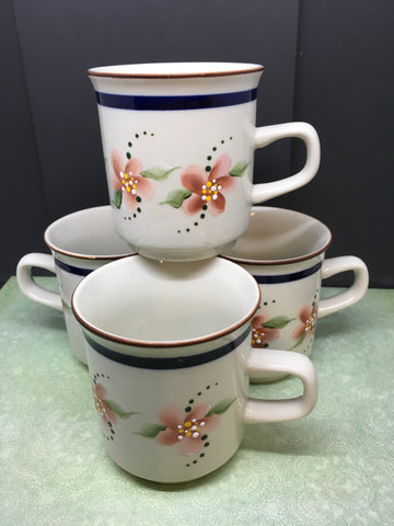 Cups Mugs Stoneware Hand Painted Rust Floral Regency Band Collection Blue Rust Bands SET of 4 - JAMsCraftCloset