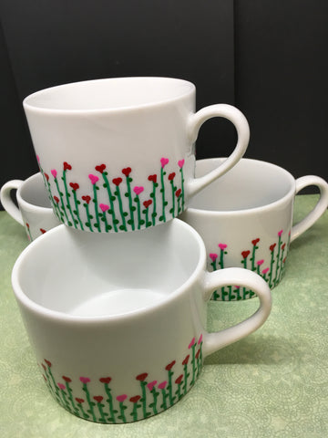 Cups SMALL White Coffee Tea Hand Painted HEART FLOWERS Red Pink Heart Flowers Set of 4 - JAMsCraftCloset