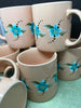 Unique One of A Kind Hand Painted Special Peach Coffee Mugs or Cups - Set of 4 - Turquoise and White Stippled Flowers