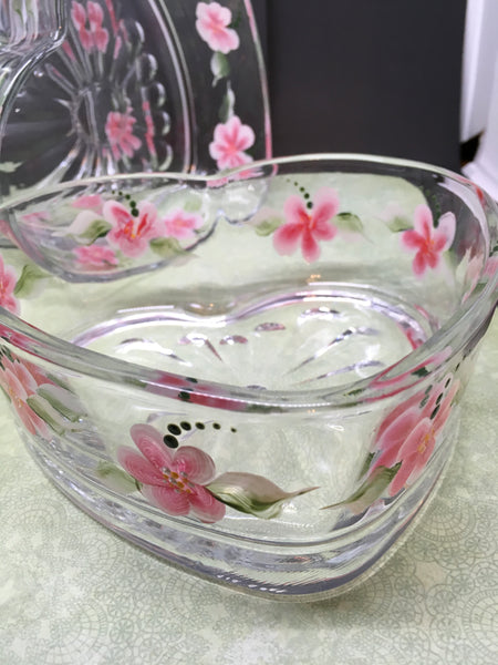 Candy Dish Heart Container Hand Painted Glass Red Floral Accents - JAMsCraftCloset