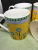 One of A Kind Unique Hand Painted Corning Ware HAPPY FLOWER Coffee Tea Mugs Cups - SET of 4 - Yellow, Blue, and Green