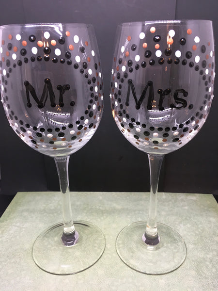 MR and MRS Stemware Wine Glasses Hand Painted Black White and Bronze Polka Dots SET of 2 Barware Drinkware Toasting Glasses Table Decor Gift JAMsCraftCloset
