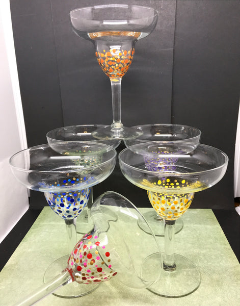Margarita Stemware Barware Glasses Hand Painted Set of 6 Yellow Red Purple Orange Blue Green Drinkware Barware Country Decor Cottage Chic