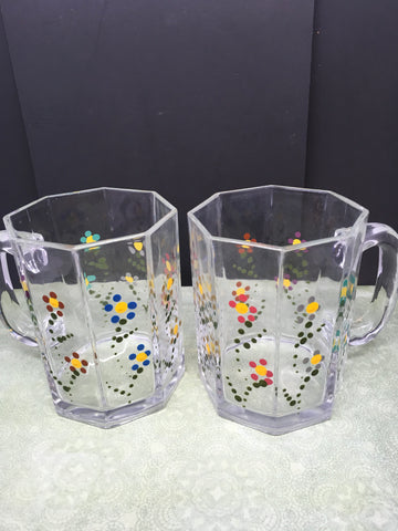 Clear Glass Mugs Hand Painted Floral Set of 2 Metallic Paints Used for the Extra Sparkle Drinkware Barware Kitchen Decor Home Decor Gift - JAMsCraftCloset