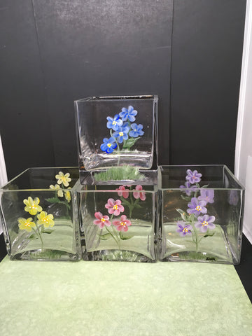 Container Floral Glass Hand Painted Square Choice of 4  Purple Pink Yellow or Blue - JAMsCraftCloset