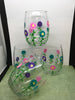 Glasses Drinking Hand Painted Clear Glass Floral  Pink, Aqua, and Purple Flowers  SET OF FOUR - JAMsCraftCloset