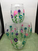 Glasses Drinking Hand Painted Clear Glass Floral  Pink, Aqua, and Purple Flowers  SET OF FOUR - JAMsCraftCloset