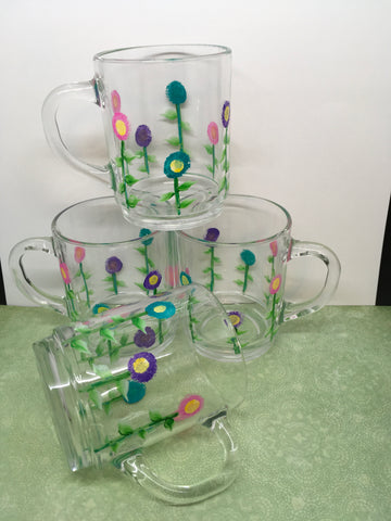 Mugs Clear Glass Hand Painted Spring Flower SMALL  Pink Aqua Purple HAPPY DOT Flowers SET of FOUR - JAMsCraftCloset