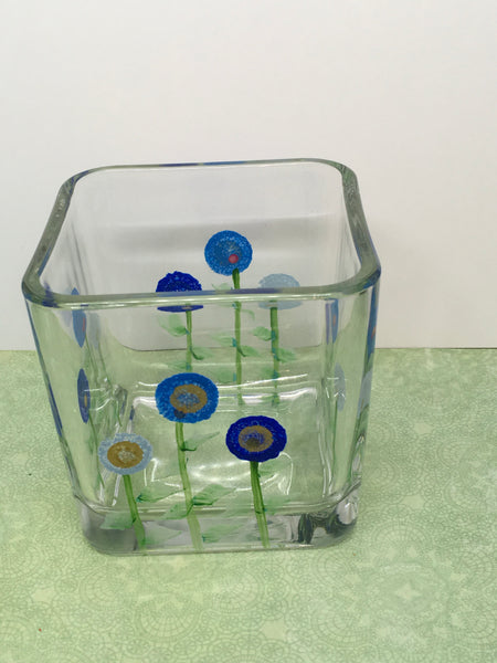 Vase Container Square Floral Small Clear Glass Hand Painted in Blues - JAMsCraftCloset