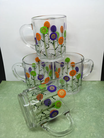 Mugs Cups Small Tea Unique Hand Painted Purple Orange Lime Green HAPPY DOTS Clear Glass Set of 4 - JAMsCraftCloset