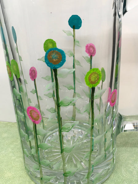 Mug Beer Glass Floral Hand Painted Clear Pink Auqa Green and Purple Orange Aqua Flowers - JAMsCraftCloset