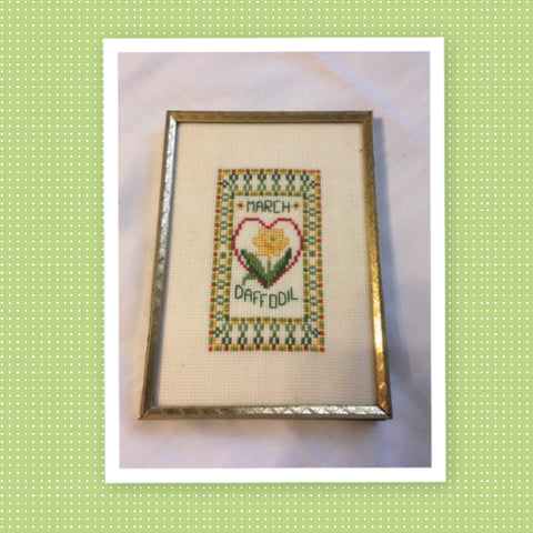 Picture Vintage Monthly Flower Cross Stitch Farmhouse Barn Kitchen Home Country Primitive Gold Metal Frame - JAMsCraftCloset