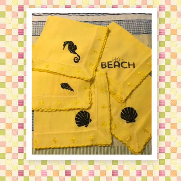 Napkins Handmade Yellow Embroidered Edge LIFES A BEACH Kitchen Dining Decor Gift Idea {{ JAMsCraftCloset }}