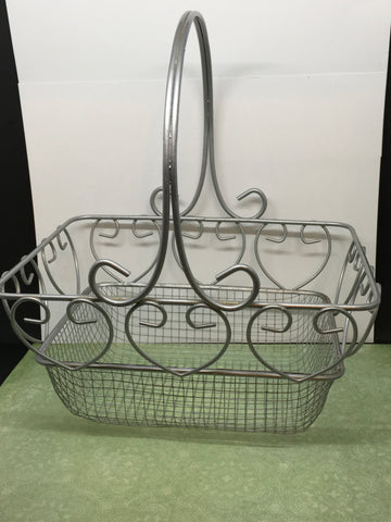 Basket Vintage Wire Heart Accents Silver Tone Rectangle Easter Storage - JAMsCraftCloset