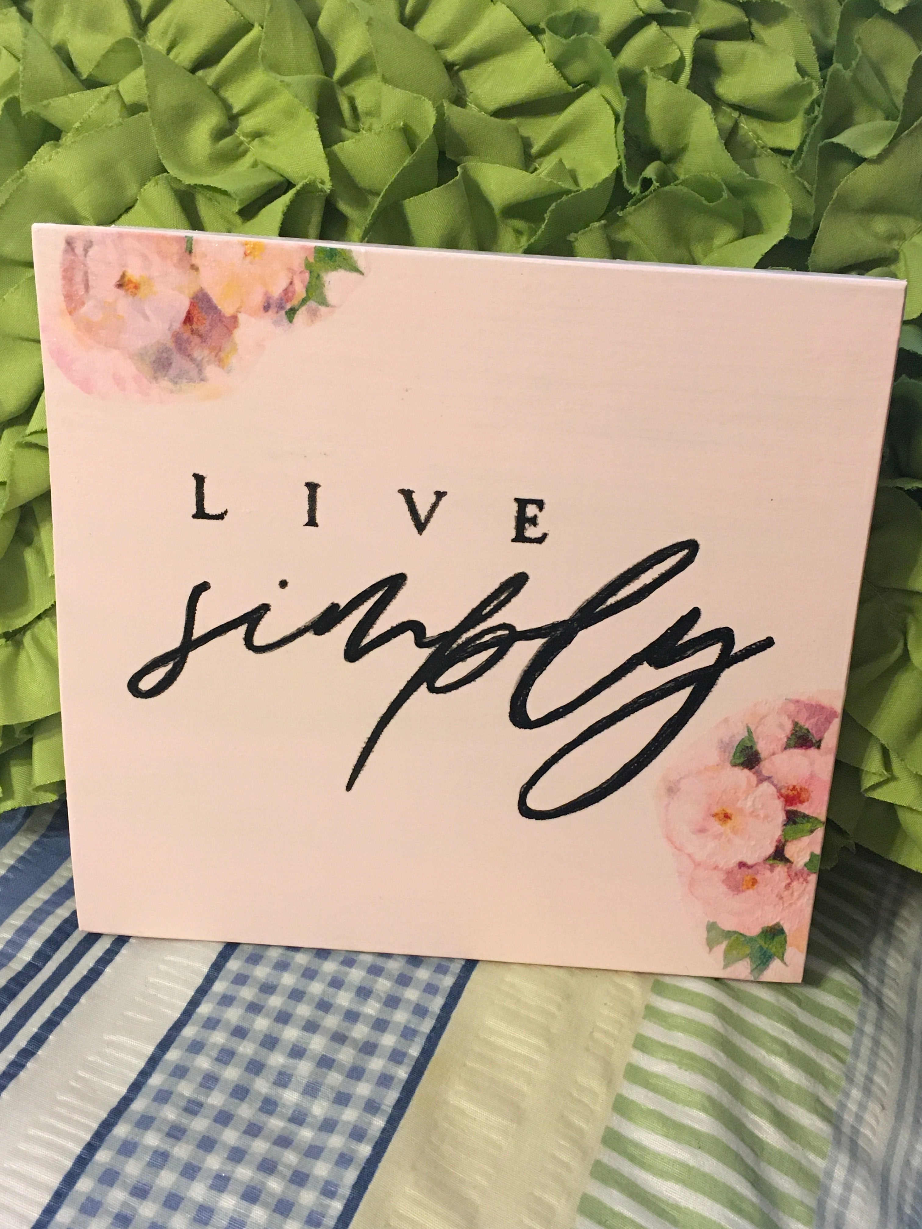 LIVE SIMPLY Wooden Sign Wall Art Hand Painted Pale Pink Decoupaged Flo ...