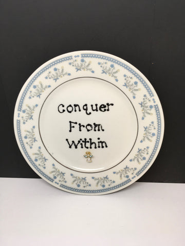 Plate Hand Painted Upcycled Repurposed Positive Saying CONQUER FROM WITHIN Plate Home Decor Wall Art Gift Idea Jeweled ANGEL Accent JAMsCraftCloset