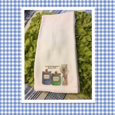 THE SECRET INGREDIENT IS ALWAYS LOVE Decorative Flour Sack Tea Dish Towel Kitchen Decor Gift Idea Handmade Chef Gift Housewarming Gift Wedding Gift - JAMsCraftCloset