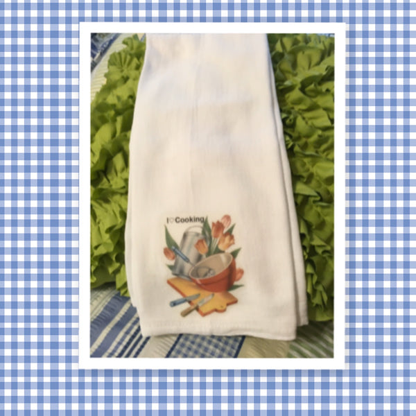 I LOVE COOKING Decorative Flour Sack Tea Dish Towel Kitchen Decor Gift Idea Handmade Chef Gift Housewarming Gift Wedding Gift - JAMsCraftCloset