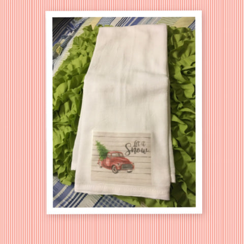 LET IT SNOW Vintage Red Truck Decorative Flour Sack Tea Dish Towel Kitchen Decor Gift Idea Handmade Chef Gift Housewarming Gift Wedding Gift - JAMsCraftCloset