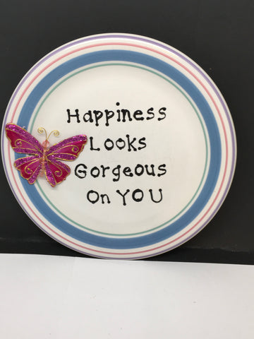 Plate Hand Painted Upcycled Repurposed Positive Saying HAPPINESS LOOKS GORGEOUS ON YOU Wall Art JAMsCraftCloset