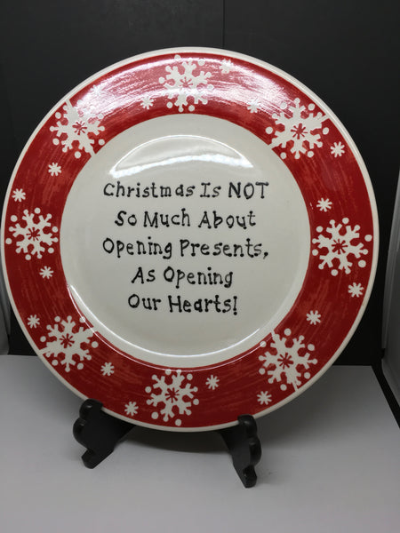 Plate Hand Painted Upcycled Positive Saying OPENING PRESENTS HEART Black Wooden Easel Holiday Decor Holiday Decor Table Decor Christmas Decor JAMsCraftCloset
