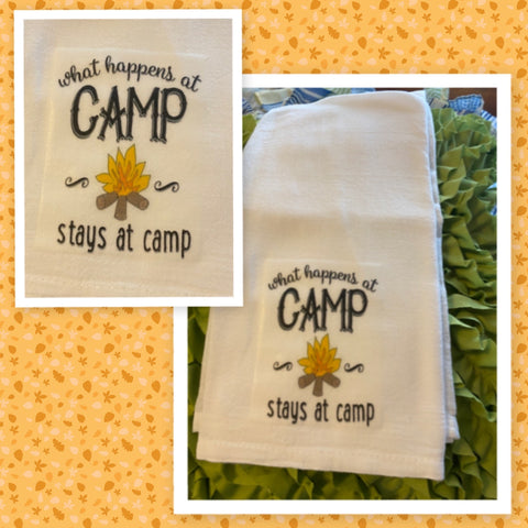 WHAT HAPPENS AT CAMP STAYS AT CAMP Camper RV Flour Sack Tea Dish Towel Kitchen Decor Camping Gift Idea Handmade Chef Gift Housewarming Gift Wedding Gift - JAMsCraftCloset