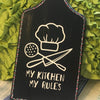 SEASONED WITH LOVE - MY KITCHEN MY RULES Hand Painted Reversible Wall Art Kitchen Decor Cutting Board One side with Pink White Accents Other Side White Green/Aqua Accents Gift - JAMsCraftCloset